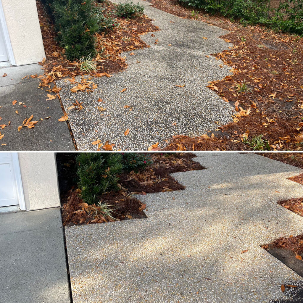 before and after of pebble sidewalk pressure washed