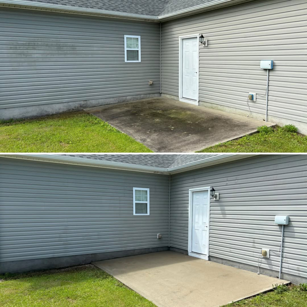 before and after of a vinyl residential home cleaned with pressure washing