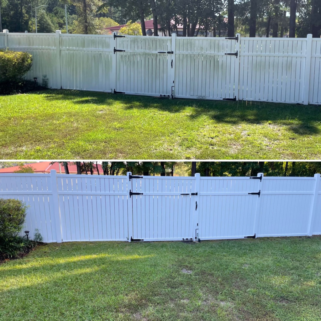before and after of white fence pressure washed