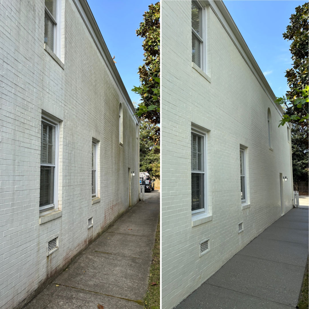 before and after of a white brick building pressure washed