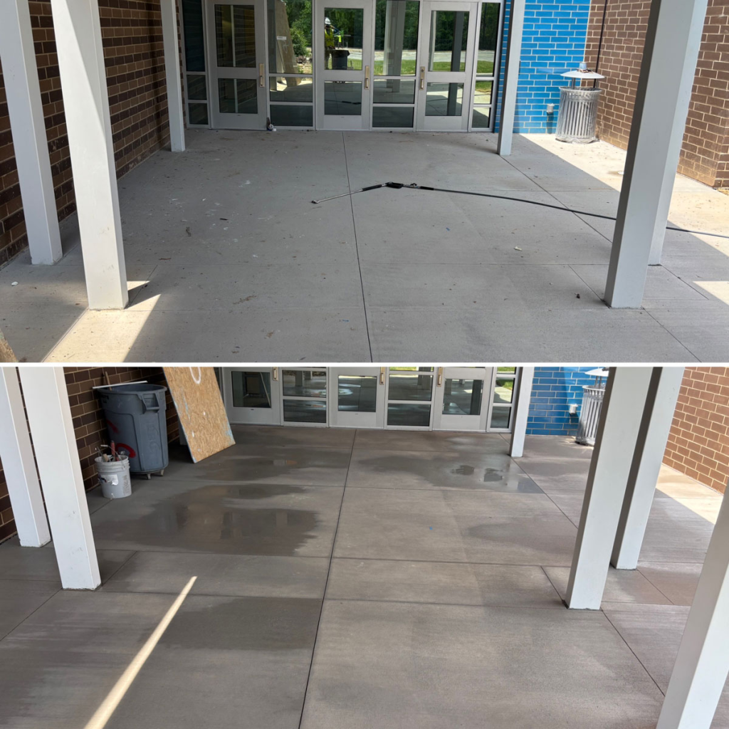 entryway concrete before and after pressure washing