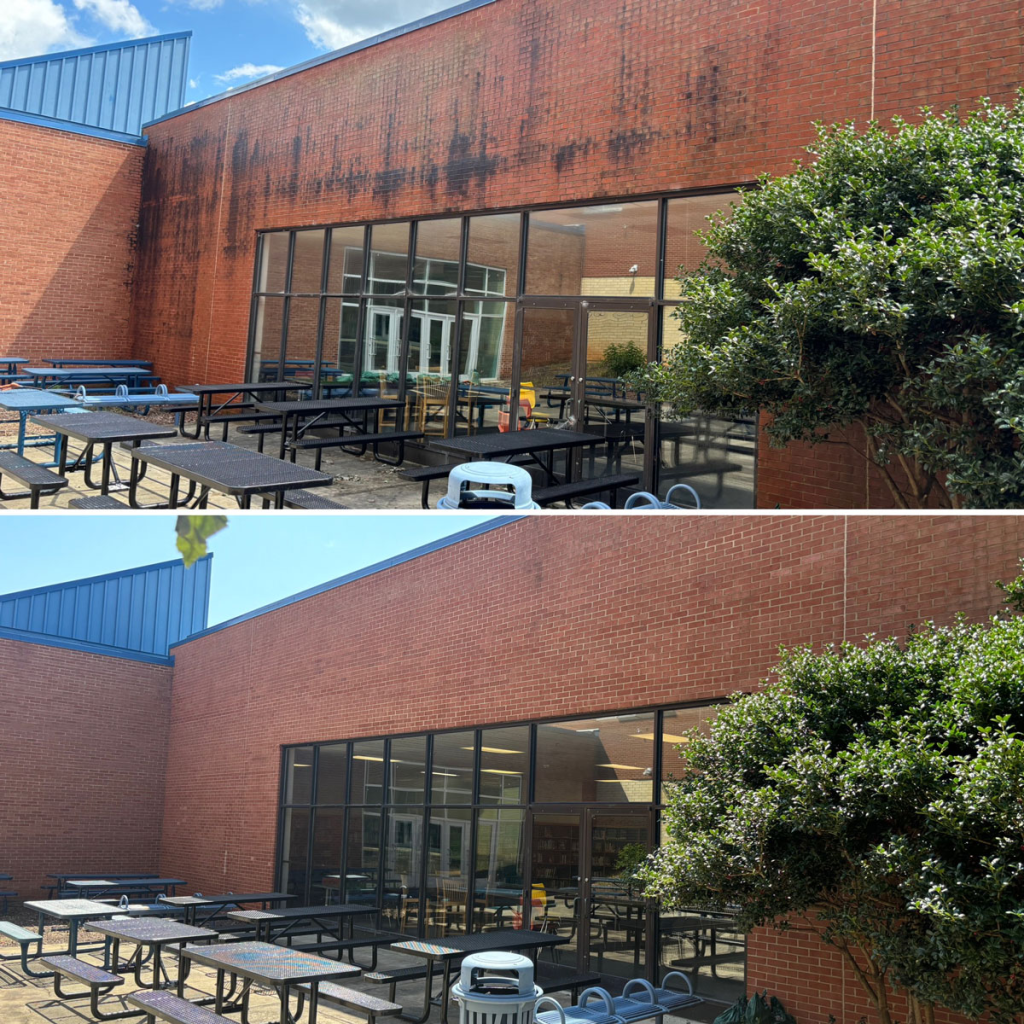 brick building before and after pressure washing